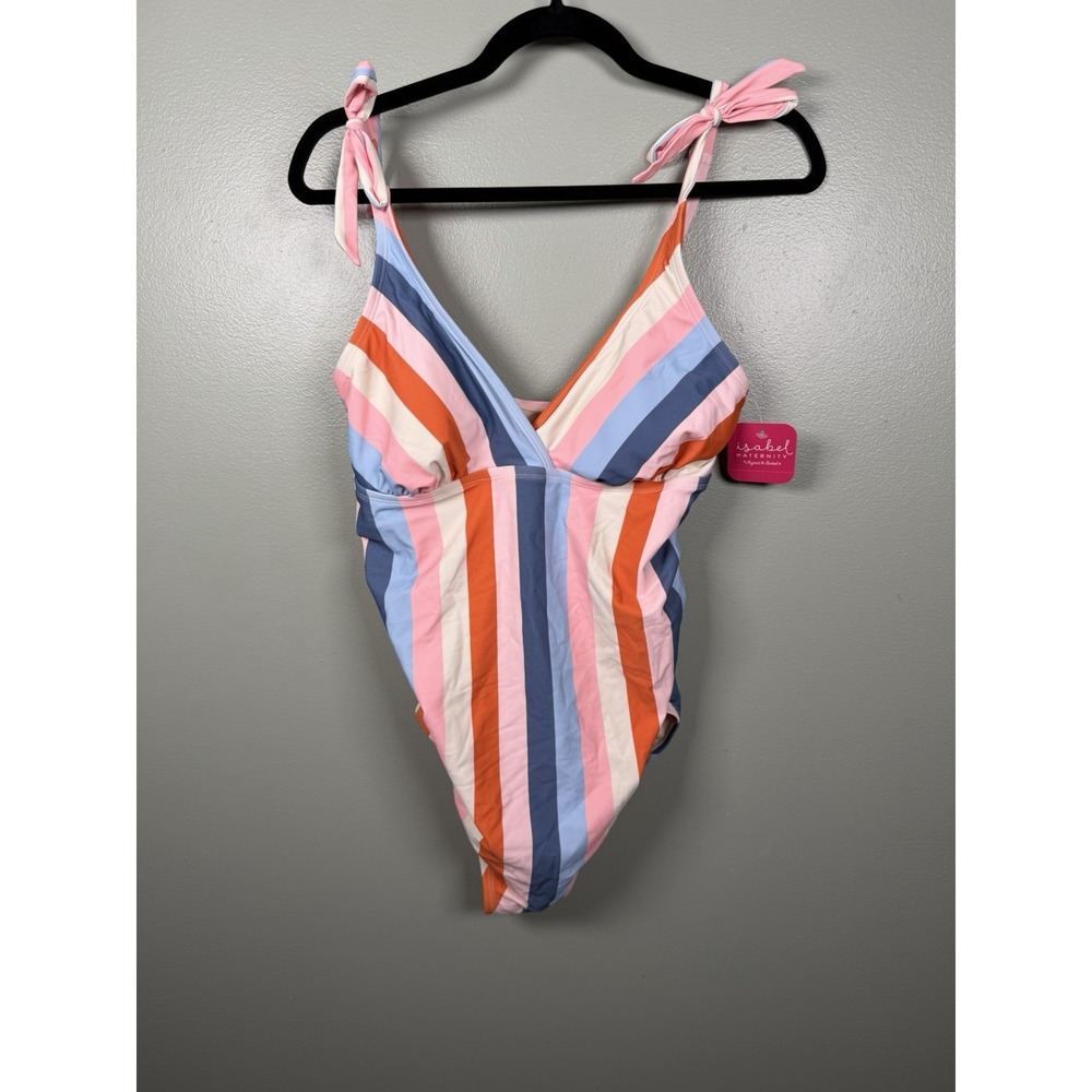 Isabel Maternity Medium One Piece Swimsuit Striped Tie Shoulder Target NWT